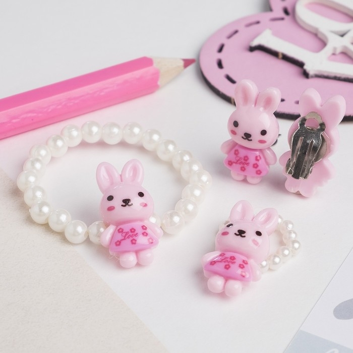 Набор детский &laquo;Выбражулька&raquo; 3 предмета: клипсы, браслет, кольцо, зайка, цвет МИКС