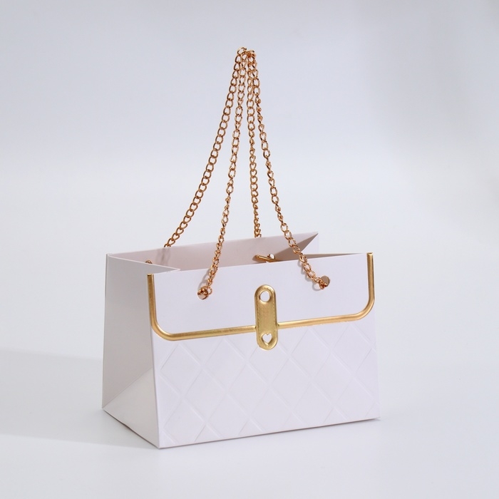 Пакет для цветов, ручка цепь, Пакет для цветов, ручка цепь, "Белый", с золотым тиснением, 15 х 10,5 х 10 см