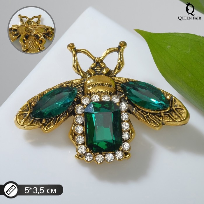 Брошь &laquo;Жук&raquo; с крыльями, цвет бело-изумрудный в чернёном золоте