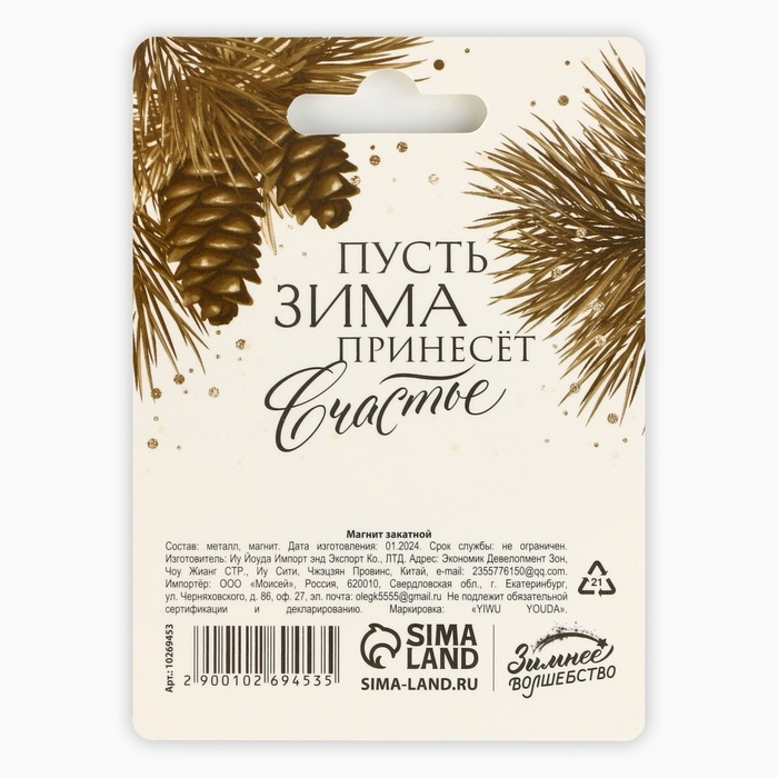 Магнит новогодний закатной &laquo;Новый год: Счастья в новом году&raquo;, диам. 5 см