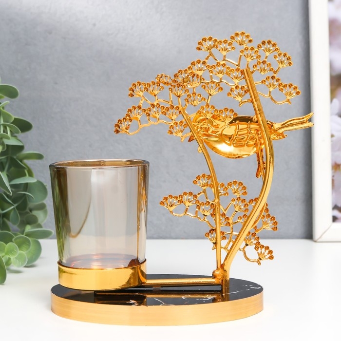 Подсвечник металл, стекло на 1 свечу Подсвечник металл, стекло на 1 свечу "Птица на деревце" d-5 см, золото 8х15х17,5 см