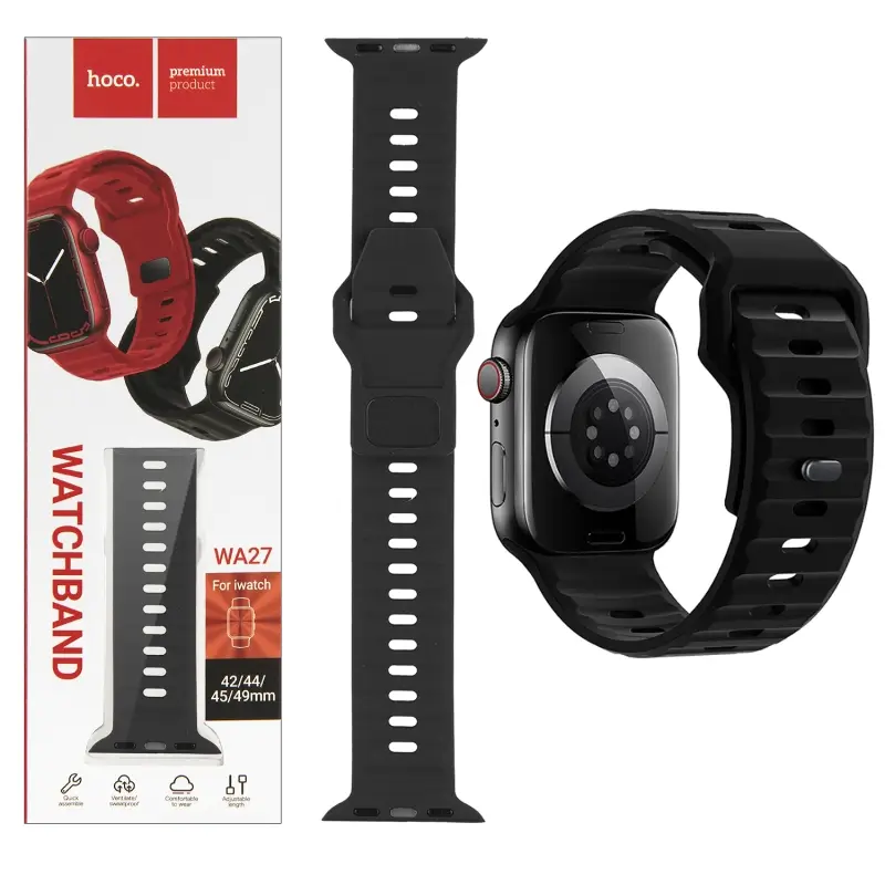 Ремешок для Apl watch 42/44/45/49mm WA27 stepped pattern solid color silicone strap Black HOCO
