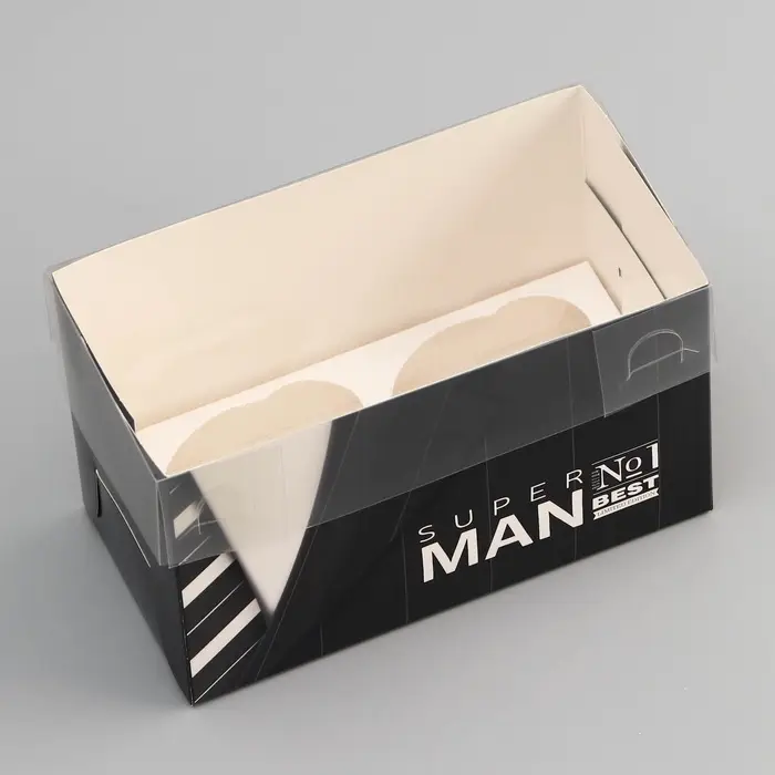 Коробка для 2 капкейка с прозрачной крышкой, &laquo;Мужская&raquo;, 16&times;8&times;10 см