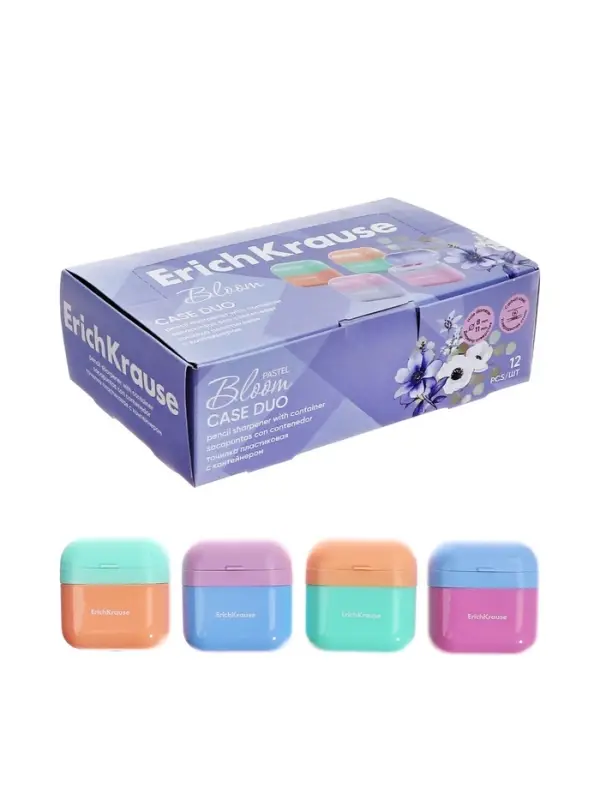 Точилка 2 отверстия с контейнером, ErichKrause Case Duo, Pastel Bloom, пластик, МИКС