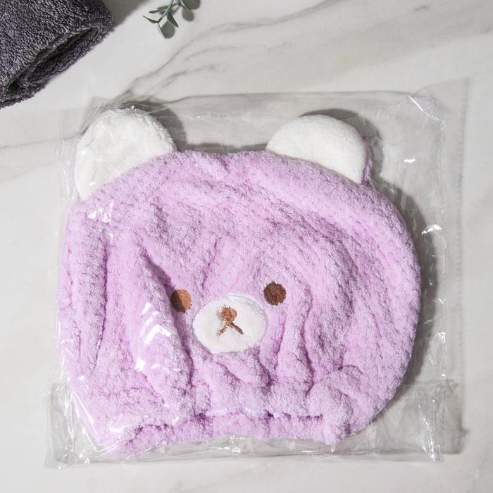 Чалма для сушки волос Доляна &laquo;Медвежонок&raquo;, микрофибра, цвет розовый