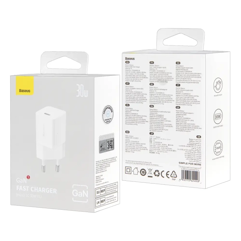 Переходник СЗУ на Type-C PD30W GAN5 CCGN070502 Baseus белый
