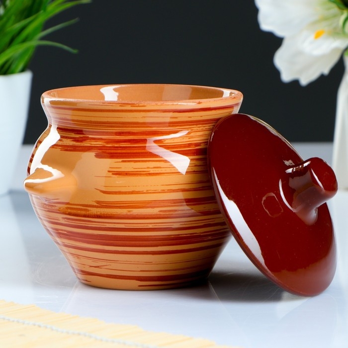 Горшок керамический для запекания №5 с ручками, 0,5л / 10х10,5см, оранжевая полоска Горшок керамический для запекания №5 с ручками, 0,5л / 10х10,5см, оранжевая полоска