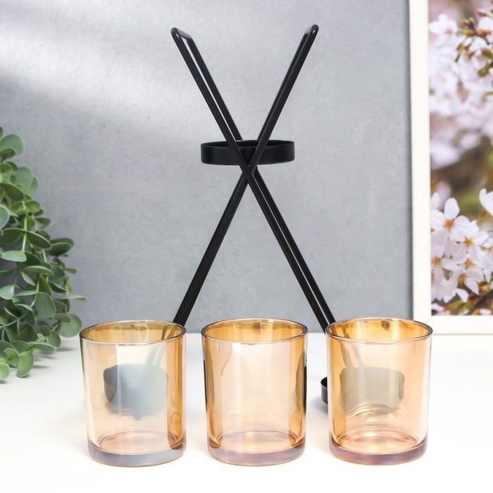 Подсвечник металл, стекло на 3 свечи "Гарна" d-5 см, чёрный 9х21х25 см