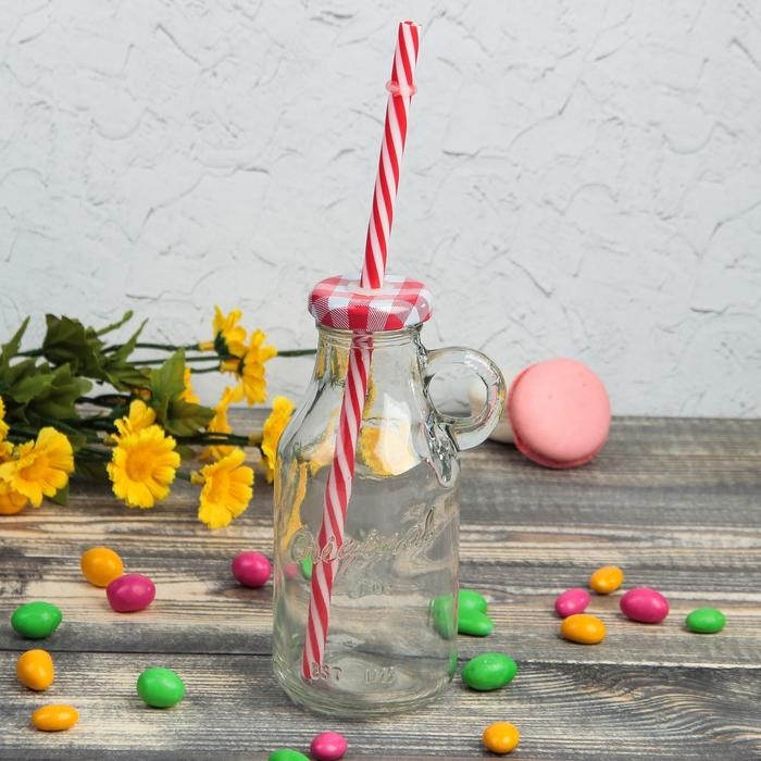 Бутыль стеклянная с крышкой и трубочкой, 200 мл, 7,5&times;6&times;14,5 см, цвет МИКС