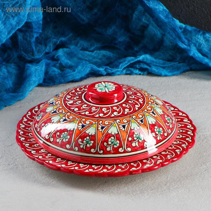 Блинница Риштанская Керамика "Цветы", 24 см, красный