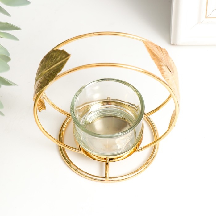 Подсвечник металл, стекло на 1 свечу Подсвечник металл, стекло на 1 свечу "Пёрышки" d-4 см золото 7,5х10х11 см