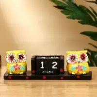 Календарь настольный "Совушки" дерево 19х6х6 см, цв. чёрно-жёлтый