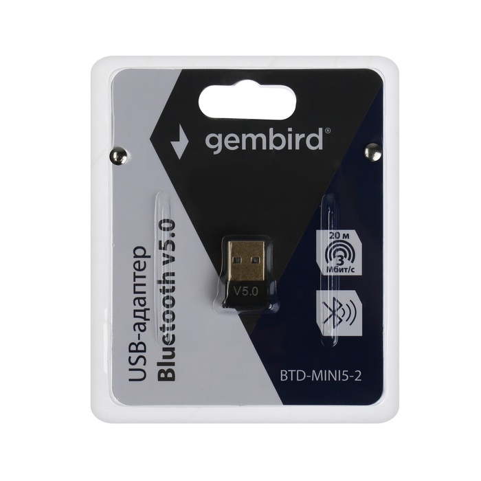 Адаптер Bluetooth Gembird BTD-MINI5-2, USB, v.5.0, 20 метров, черный Адаптер Bluetooth Gembird BTD-MINI5-2, USB, v.5.0, 20 метров, черный