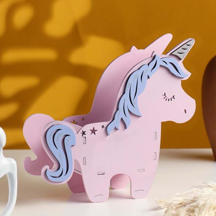 Кашпо деревянное 21.5&times;7&times;21 см уникальное "Единорог", розовый сиреневый