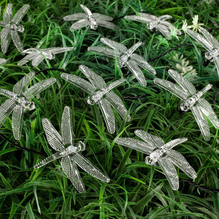Гирлянда &laquo;Нить&raquo; 4.5 м с насадками &laquo;Стрекозы&raquo;, IP44, тёмная нить, 30 LED, свечение белое, 2 режима, солнечная батарея