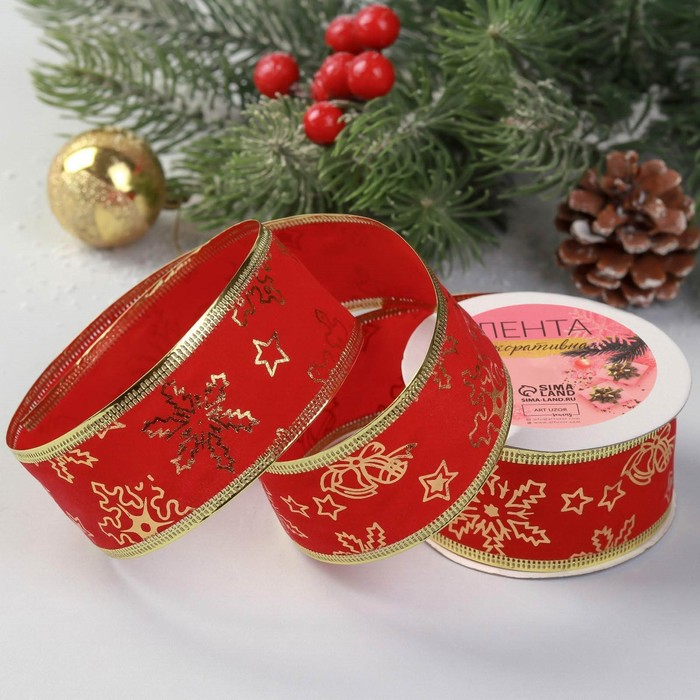 Лента бархатная с металлической нитью &laquo;Снежинки&raquo;, 38 мм &times; 9 &plusmn; 0,5 м, цвет красный/золотой