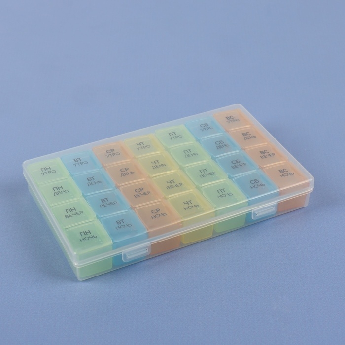 Таблетница - органайзер &laquo;Неделька&raquo;, съёмные ячейки, утро/день/вечер/ночь, 17,5 &times; 10,7 &times; 2,5 см, 7 контейнеров по 4 секции, разноцветная