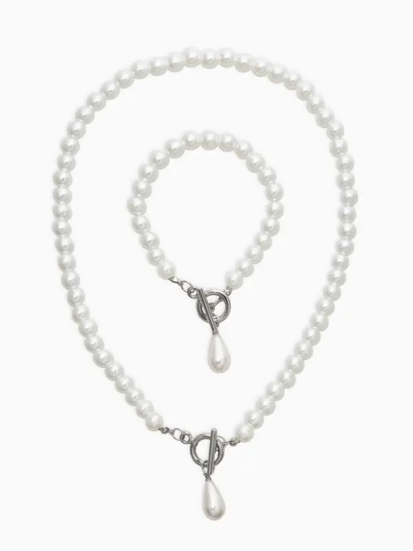 Набор 2 пред-та: бусы.браслет "Жемчуг", капелька, цвет белый в серебре L=18/42см №8