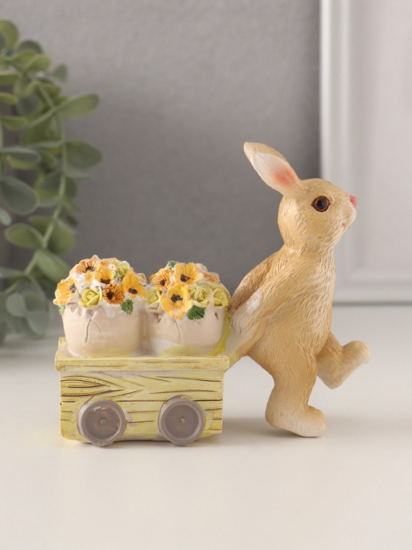 Сувенир полистоун "Зайчик везёт цветочные горшки на тележке" 11х4х10 см