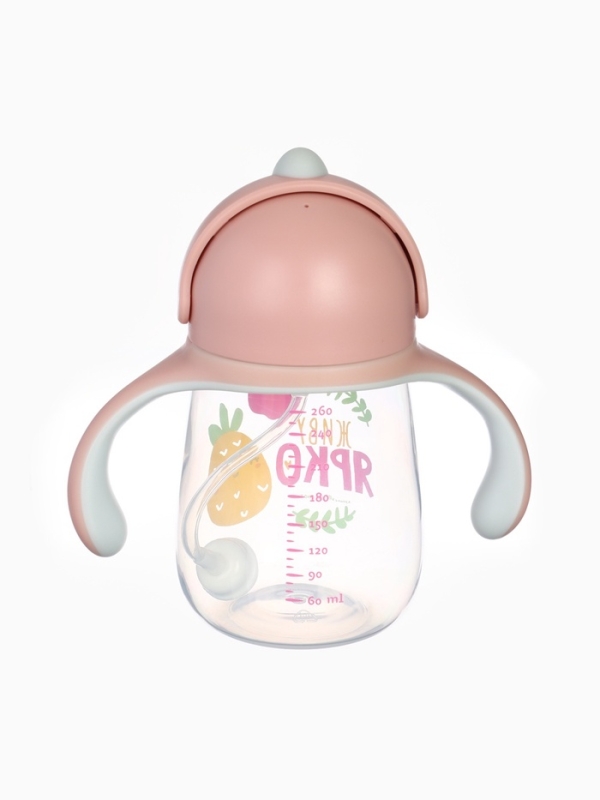 Поильник - непроливайка детский с силиконовой трубочкой &laquo;Фрукты&raquo;, 260 мл., с ручками, розовый