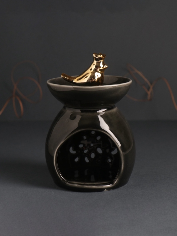 Аромалампа керамика "Птичка в короне в цветочной чаше" черный перламутр 9х9х13 см