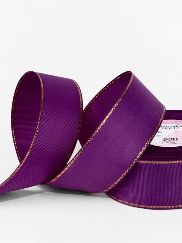 Лента репсовая 40мм*25&plusmn;1ярд(23м&plusmn;1м) золотые нити №046 фиолетовый АУ