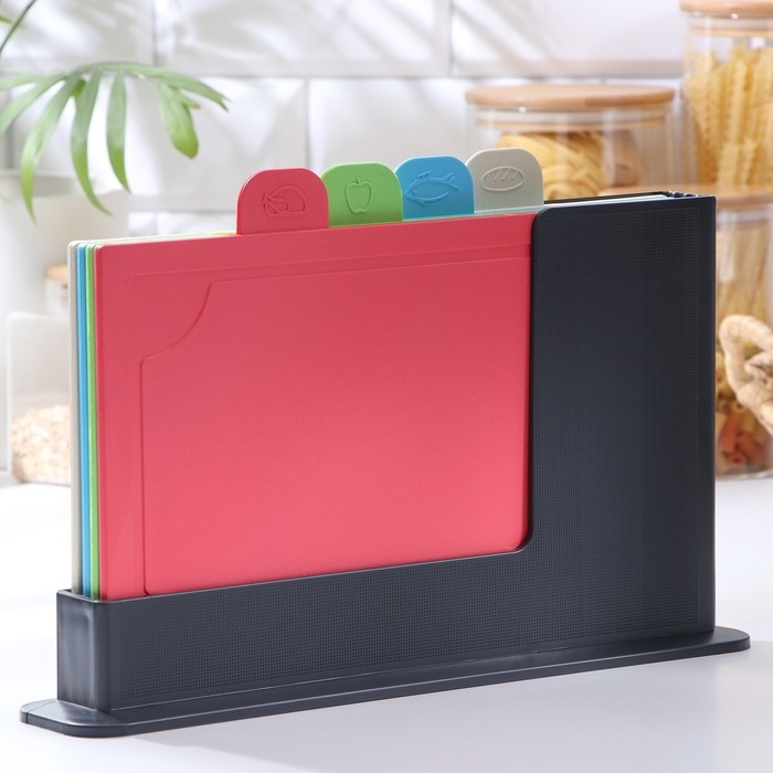 Набор досок разделочных с маркерами на подставке, 4 шт, цвет МИКС Набор досок разделочных с маркерами на подставке, 4 шт, цвет МИКС