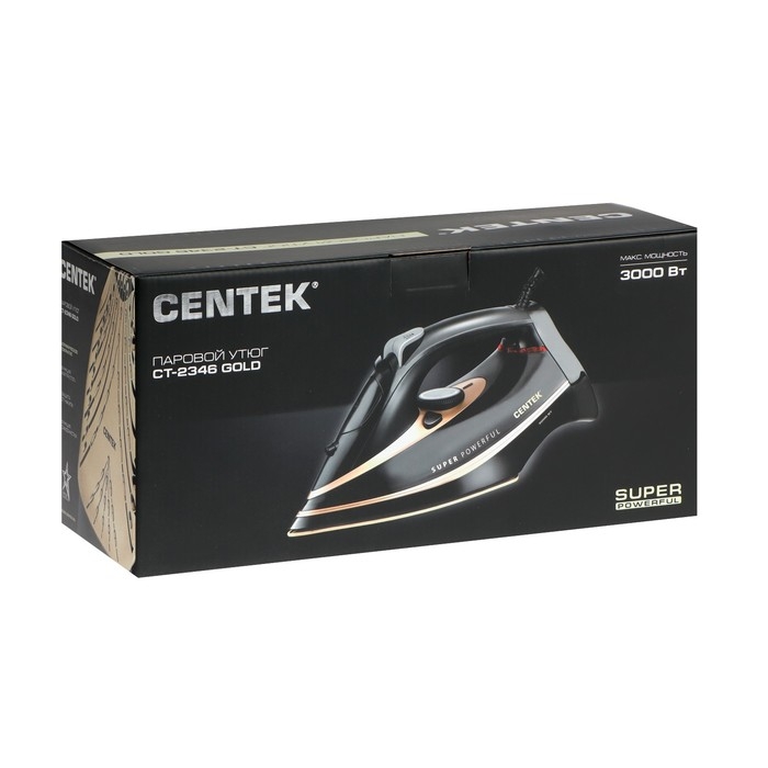 Утюг Centek CT-2346, 3200 Вт, керамика, 380 мл, капля-стоп, пар. удар, черно-золотистый Утюг Centek CT-2346, 3200 Вт, керамика, 380 мл, капля-стоп, пар. удар, черно-золотистый