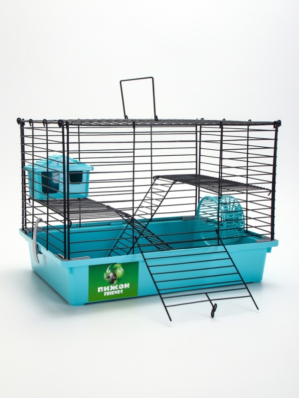 Клетка для грызунов "Пижон" складная, 38 х 27 х 27 (домик, миска, колесо) бирюззовая