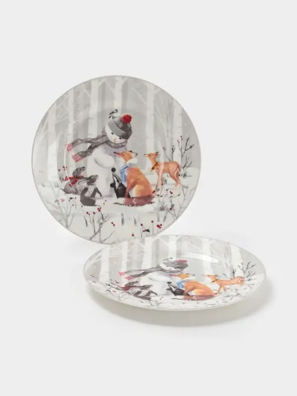 Набор тарелок новогодних &laquo;Снежные забавы&raquo;, 2 шт., d=25.5 см, керамика, подарочная упаковка, белый