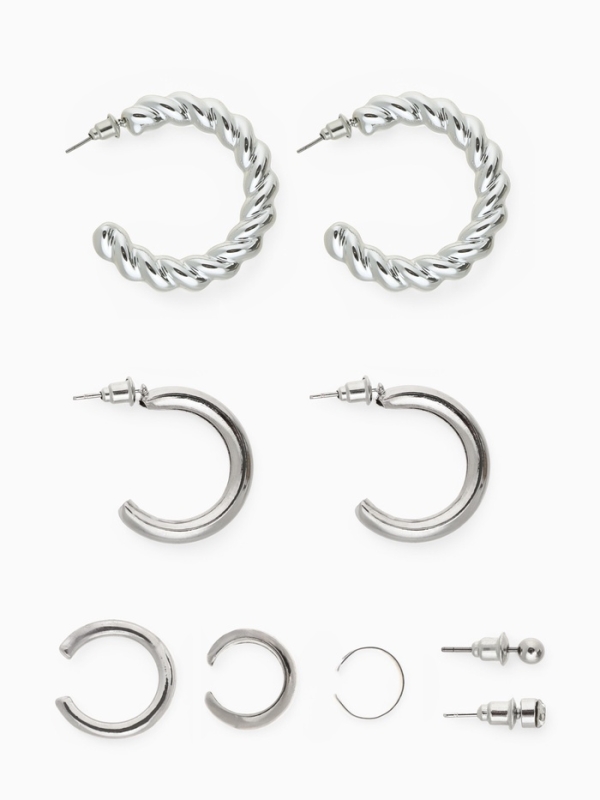 Набор серьги и каффы 9 шт. &laquo;Кольца&raquo; переплетение, цвет серебро