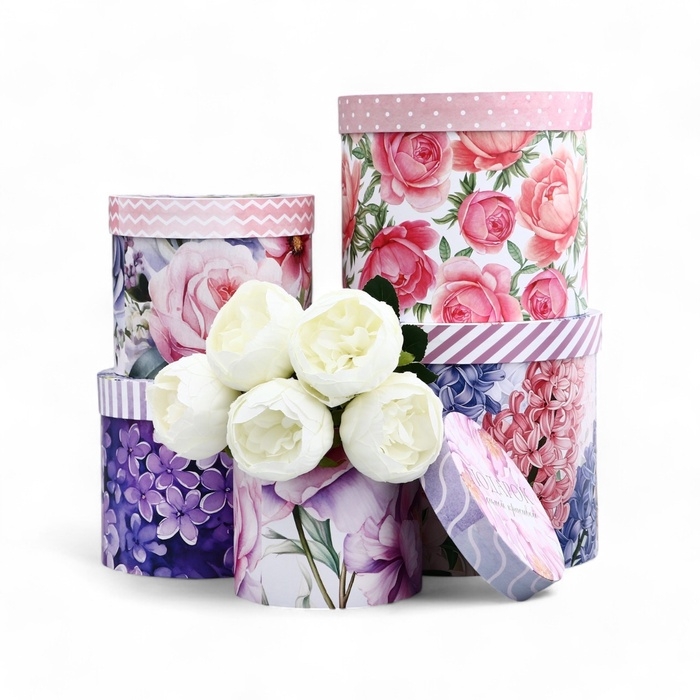 Набор шляпных коробок для цветов 5 в 1, упаковка подарочная, &laquo;Весна&raquo;, 16 х 14 см - 22 х 19,5 см
