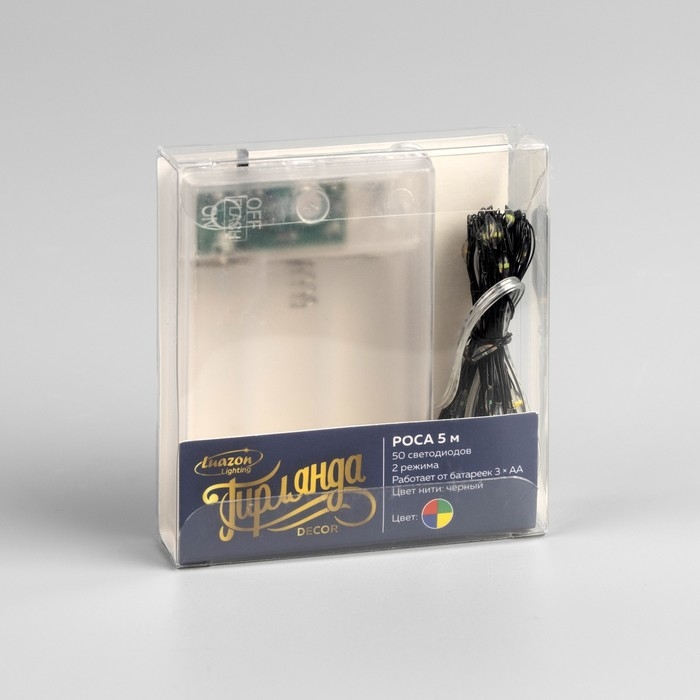Гирлянда «Нить» 5 м роса, IP20, чёрная нить, 50 LED, 2 режима, батарейки AAх3 (не в комплекте), свечение мульти Гирлянда «Нить» 5 м роса, IP20, чёрная нить, 50 LED, 2 режима, батарейки AAх3 (не в комплекте), свечение мульти