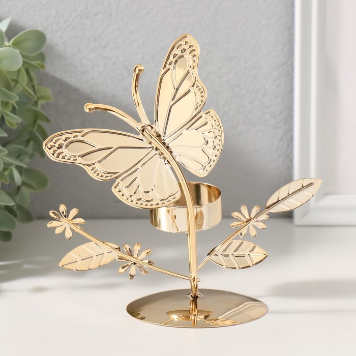 Подсвечник на 1 свечу металл d=4 см "Бабочки в поле" золото 7,7х14х16 см