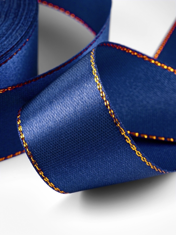 Лента атласная, с золотым люрексом, 25 мм, 23&plusmn;1 м, синяя №038