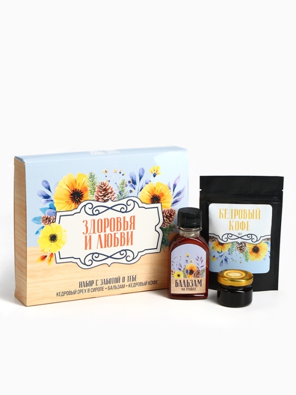 Набор &laquo;Здоровья и любви&raquo;:кедровый орех в сосновом сиропе 25 г., бальзам 100 мл., кедрокофе 50 г.