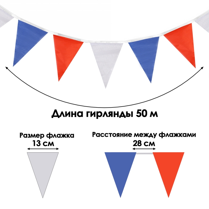 Флажки гирлянда, l-50 м, (набор 100 шт), флажок 13 х 18 см, белый-синий-красный Флажки гирлянда, l-50 м, (набор 100 шт), флажок 13 х 18 см, белый-синий-красный