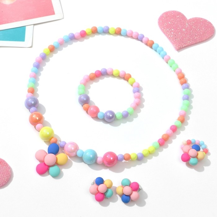 Набор детский &laquo;Выбражулька&raquo; 4 предмета: клипсы, бусы, браслет, кольцо, цветочек, цветной