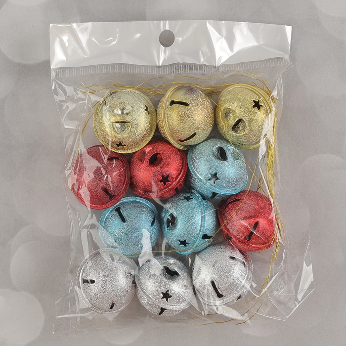 Бубенчики, набор 12 шт., размер 1 шт. &mdash; 3 &times; 3 см, цвет серебряный, золотой, красный, голубой