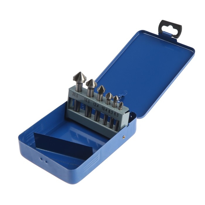 Набор зенкеров ТУНДРА, 90°, HSS, 6.3 - 8.3 - 10.4 - 12.4 - 16.5 - 20.5 мм, 6 шт. Набор зенкеров ТУНДРА, 90°, HSS, 6.3 - 8.3 - 10.4 - 12.4 - 16.5 - 20.5 мм, 6 шт.