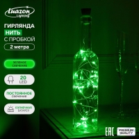Гирлянда &laquo;Нить&raquo; 2 м роса с пробкой, IP44, серебристая нить, 20 LED, свечение зелёное, фиксинг, солнечная батарея