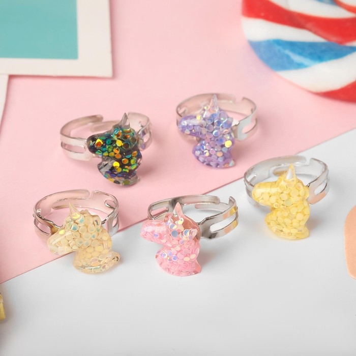 Набор детских колец &laquo;Пальчики&raquo; единорожки блестящие, 5 шт., цветные, безразмерные