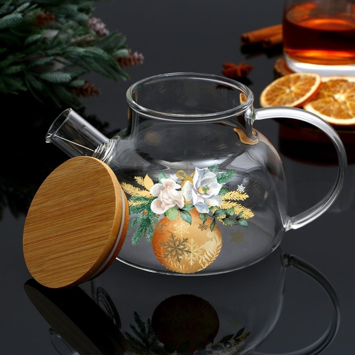 Новый год. Чайник заварочный стеклянный с бамбуковой крышкой &laquo;Зимние истории&raquo;, 800 мл