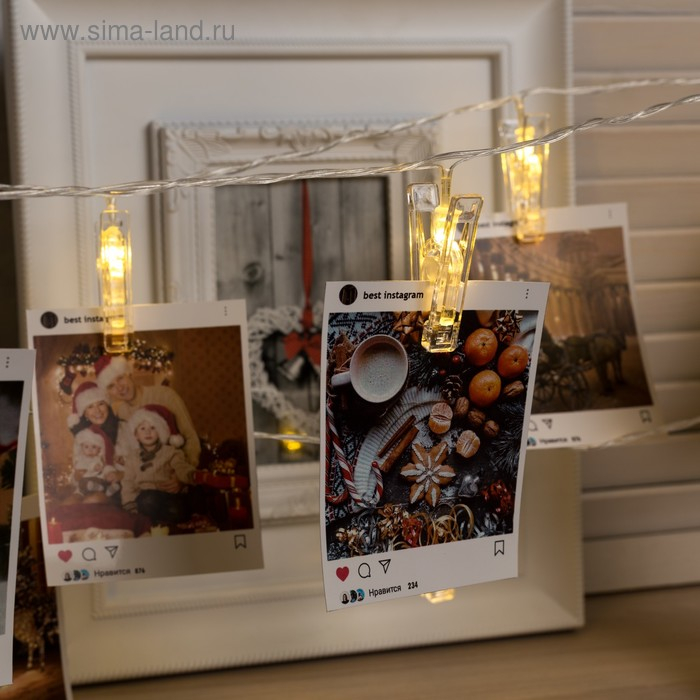 Гирлянда &laquo;Нить&raquo; 4.5 м с насадками &laquo;Прищепки&raquo;, IP20, прозрачная нить, 20 LED, свечение тёплое белое, 220 В