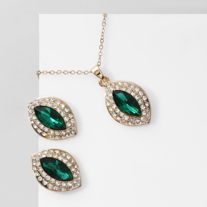 Гарнитур 2 предмета: серьги, кулон &laquo;Эдель&raquo; трио миндаль, цвет изумрудно-белый в золоте, 50 см