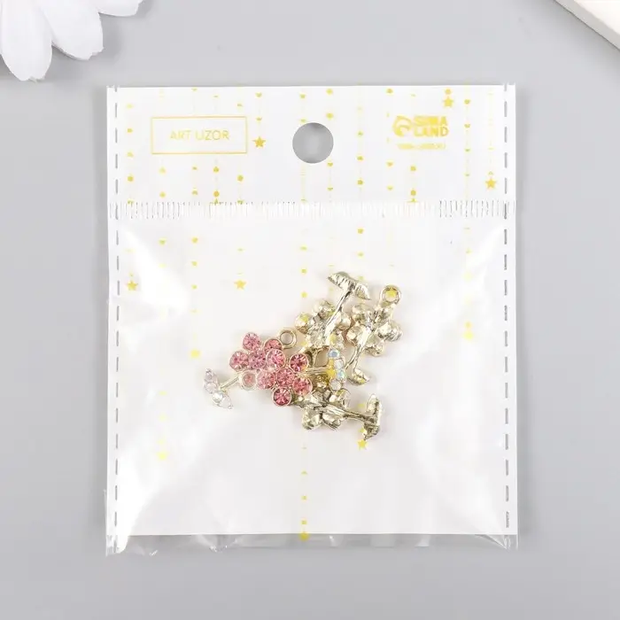 Декор для творчества металл, стразы "Цветочек розовый с листиками" золото 1,1х2 см