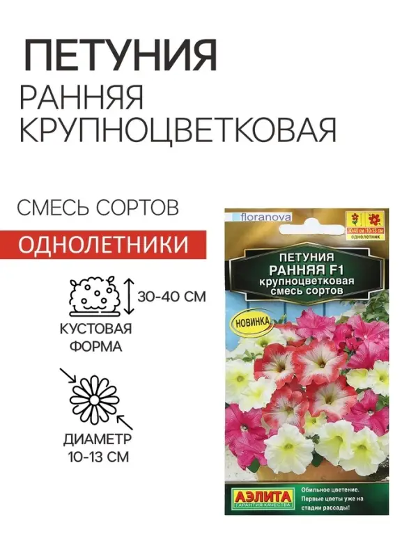 Семена Цветов Петуния "Ранняя крупноцветковая", F1, смесь сортов, пробирка, 7 шт