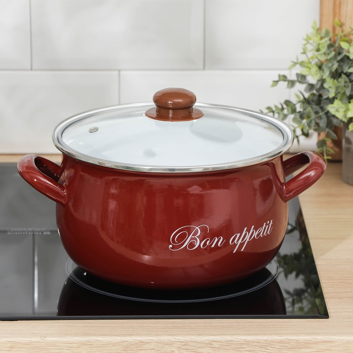 Кастрюля эмалированная &laquo;Бордо&raquo;, 5,1 л, стеклянная крышка, индукция, цвет бордовый