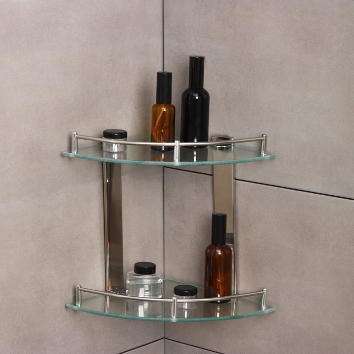 Полка для ванной комнаты 2х-ярусная угловая Штольц St&ouml;lz, 24&times;24&times;28 см, нержавеющая сталь, стекло