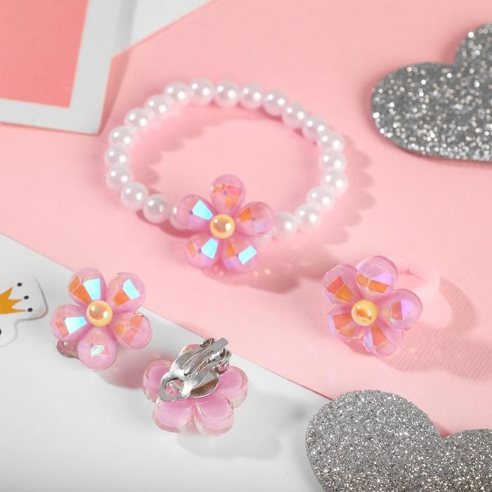 Набор детский &laquo;Выбражулька&raquo; 3 предмета: клипсы, браслет, кольцо, цветок, цвет МИКС